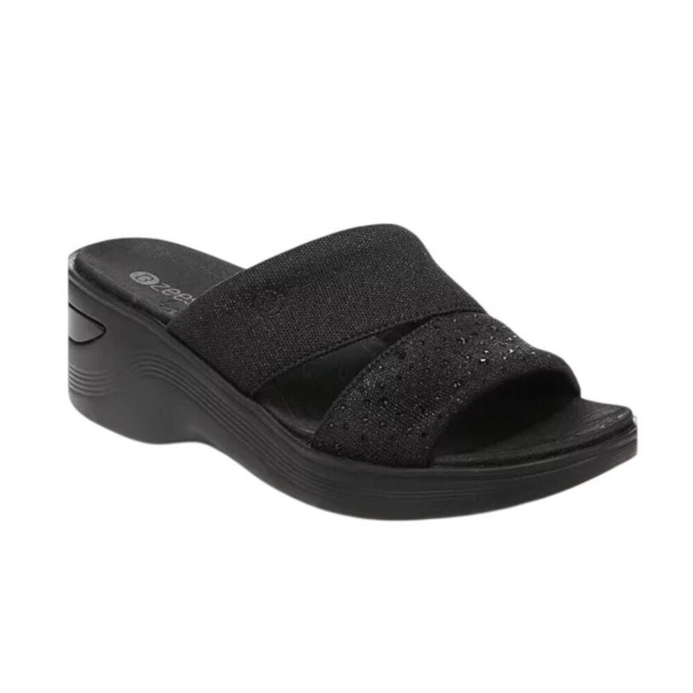 BZees Dynasty Bright Slide Sandals Black Wedges Strappy Y2K Washable Womens 9